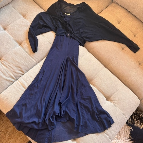 FUZZI by Jean Paul Gaultier Mesh Dress Long Sleeve MIDI Maxi Navy Blue SET sz S - Picture 5 of 16